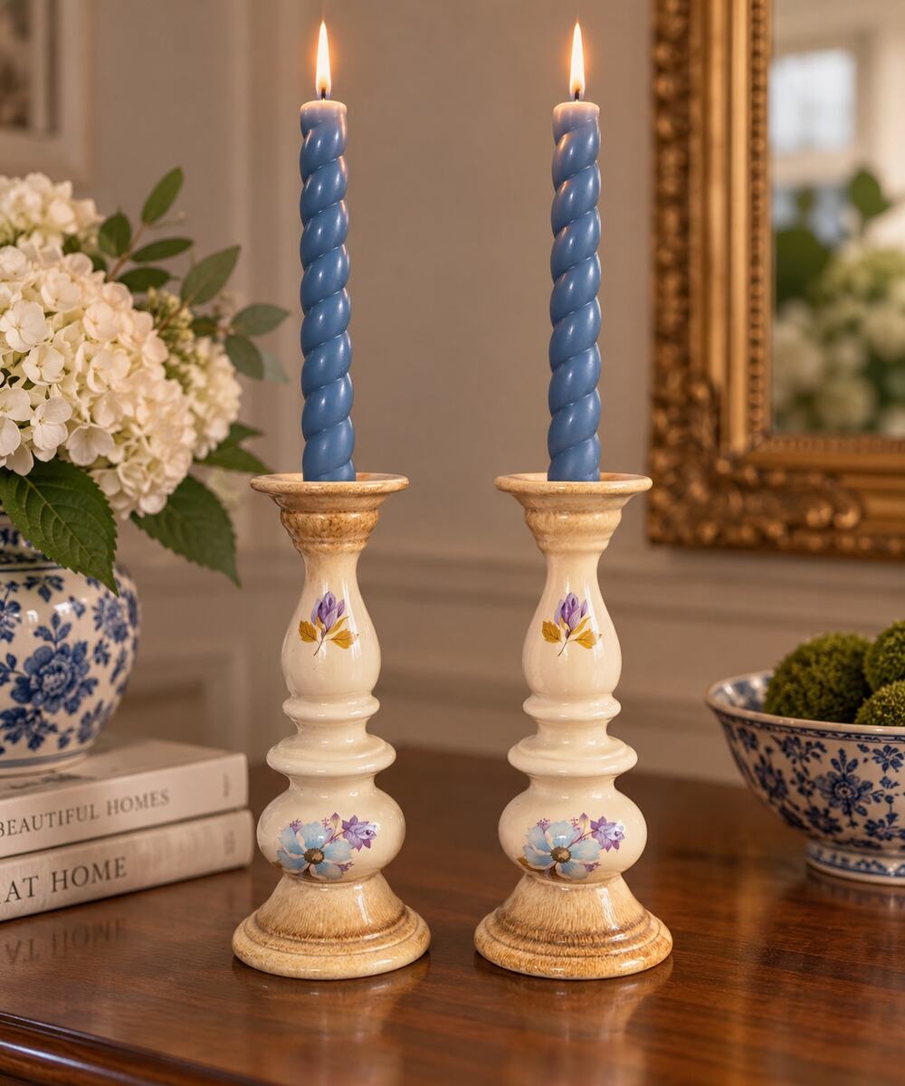 Vintage Floral Ceramic Candlestick Holders Pair 8 Inch with Blue Taper Candles